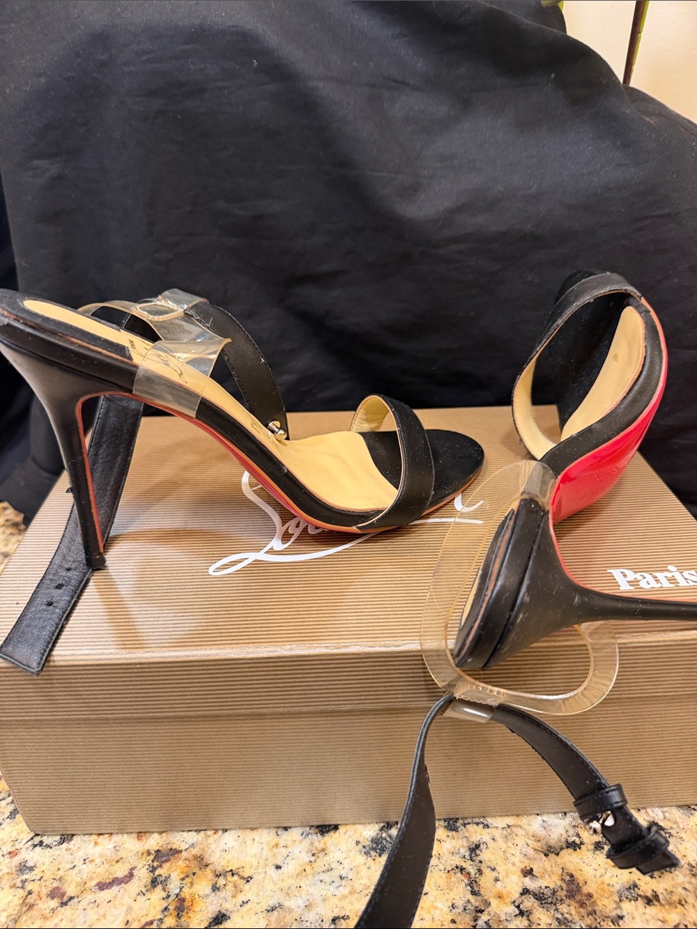 Christian Louboutin Black Leather and Red Sole Clear-Strap Heels